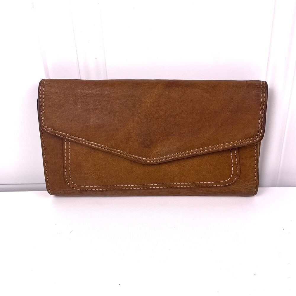 Vintage Fossil Wallet Saddle Brown Leather Cargo Trifold Flap Clutch
